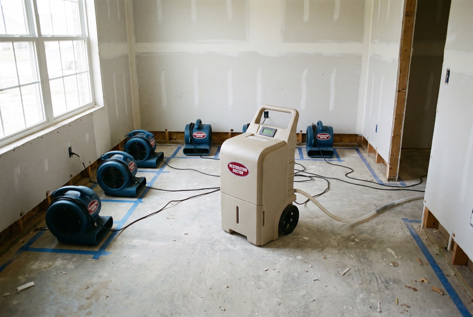 Snail-shell centrifugal air movers and an LGR dehumidifier staged in a structural drying layout — illustrative; water damage restoration serving Fort Lauderdale