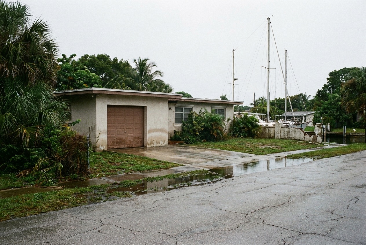 Slab-on-grade canal-front ranch home in Fort Lauderdale after king tide floodwater receded
