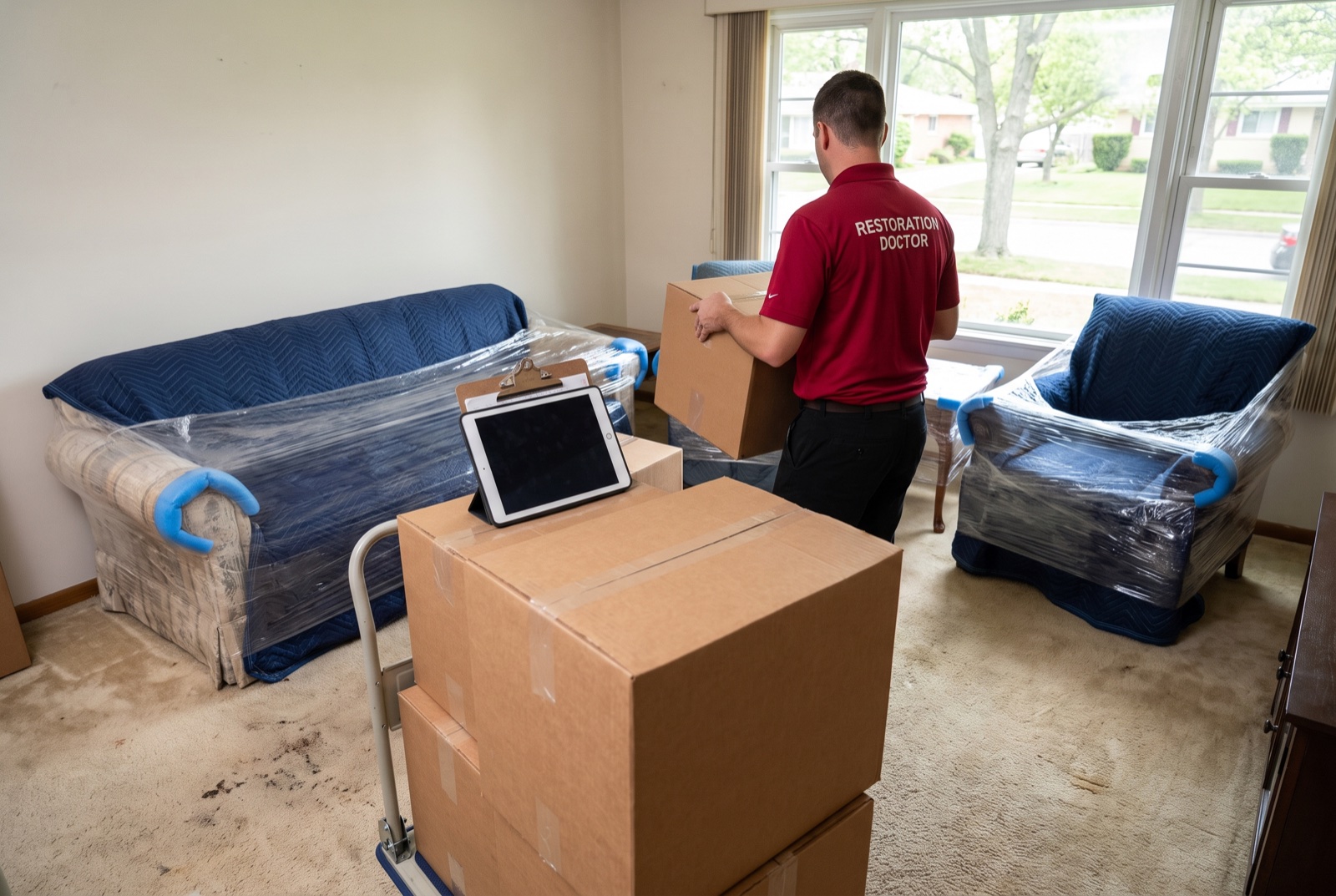 Inventoried contents pack-out with labeled boxes — illustrative; contents restoration & pack-out serving Fort Lauderdale