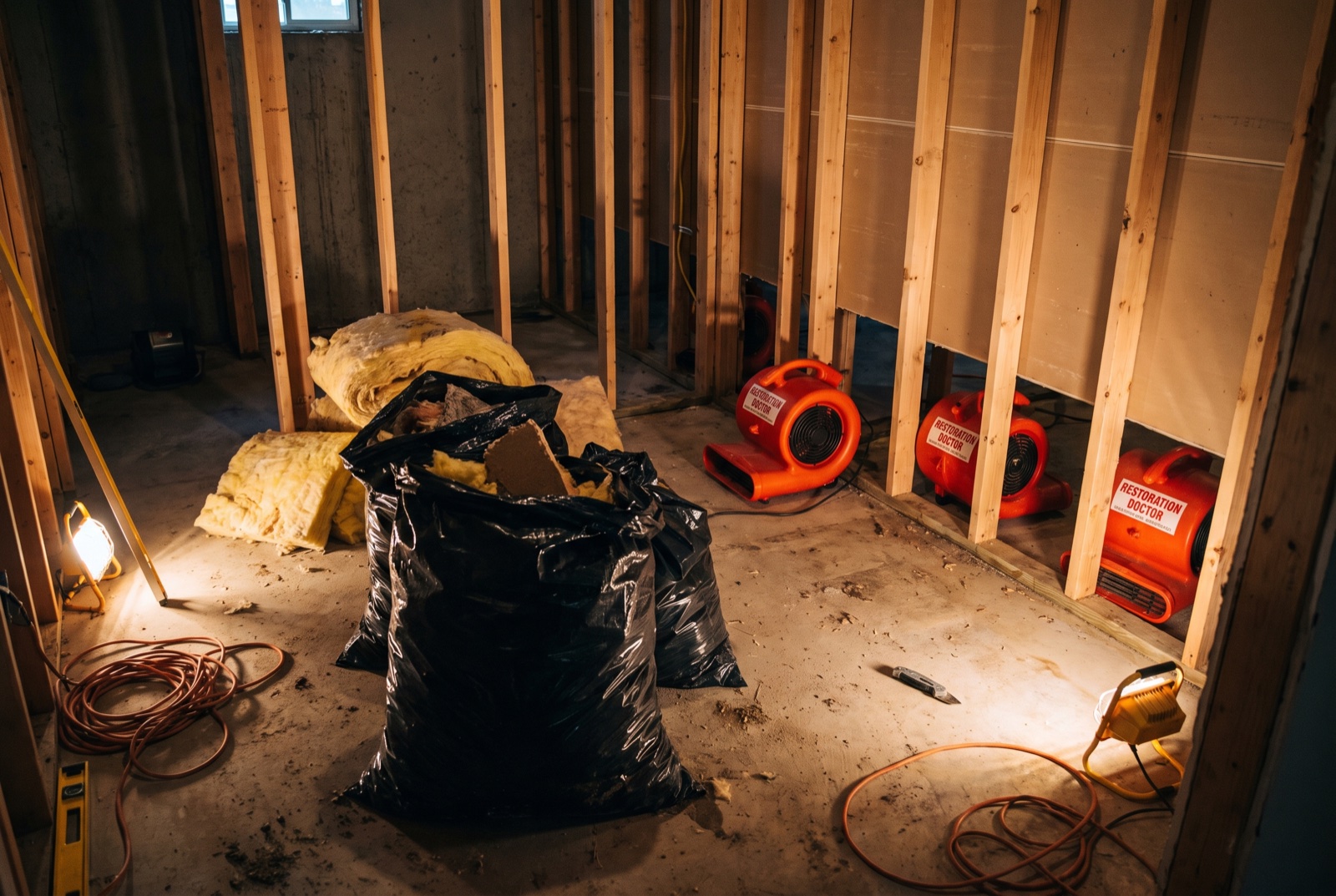 Flood-cut drywall removal exposing wall cavities for drying — illustrative; sewage cleanup serving Fort Lauderdale