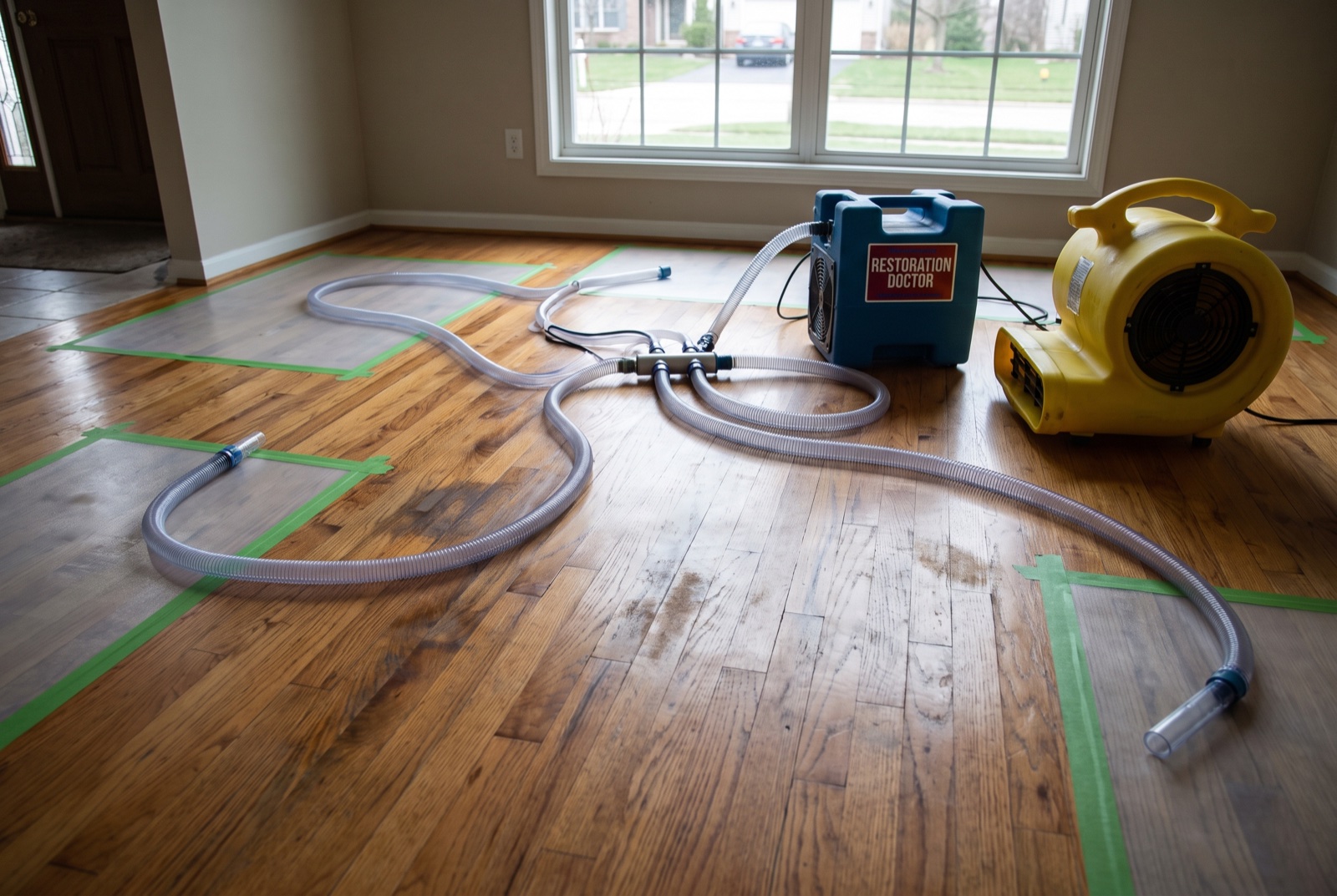 Hardwood floor drying-mat system extracting moisture from wood flooring in a Fort Lauderdale home