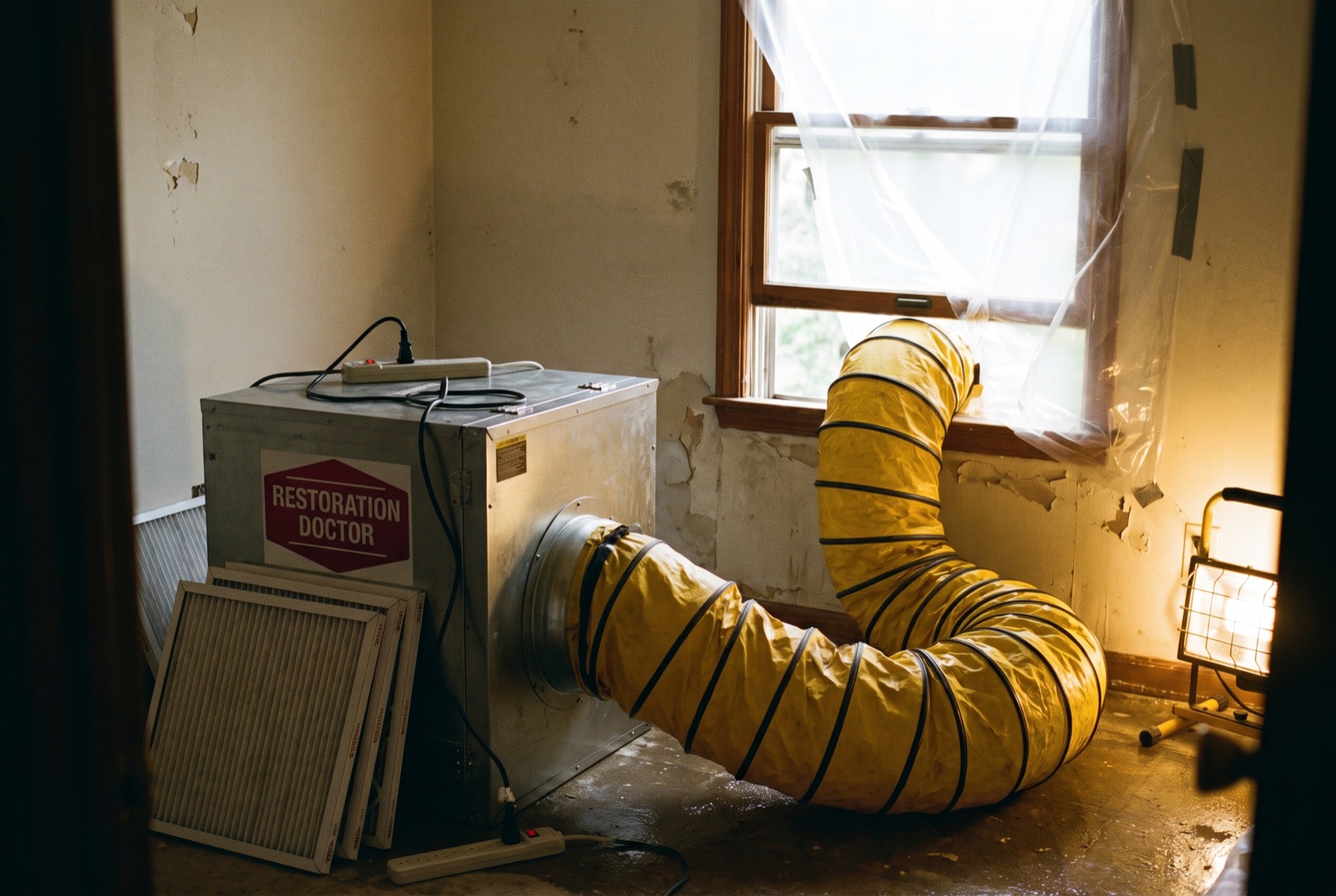 HEPA air scrubber providing negative-air filtration during remediation — illustrative; sewage cleanup serving Fort Lauderdale