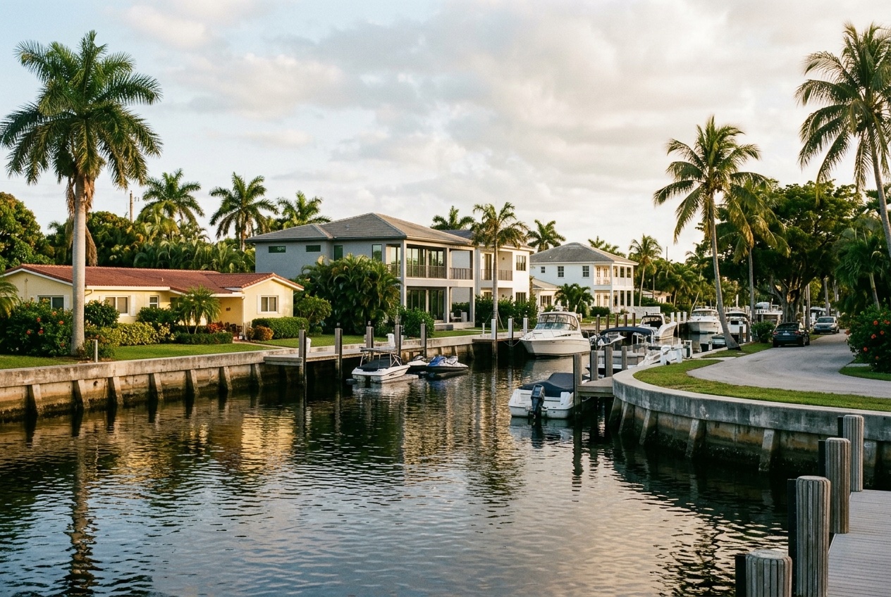 Fort Lauderdale finger-isle canal with concrete seawalls and mixed-era waterfront homes — illustrative; water damage restoration serving Pompano Beach