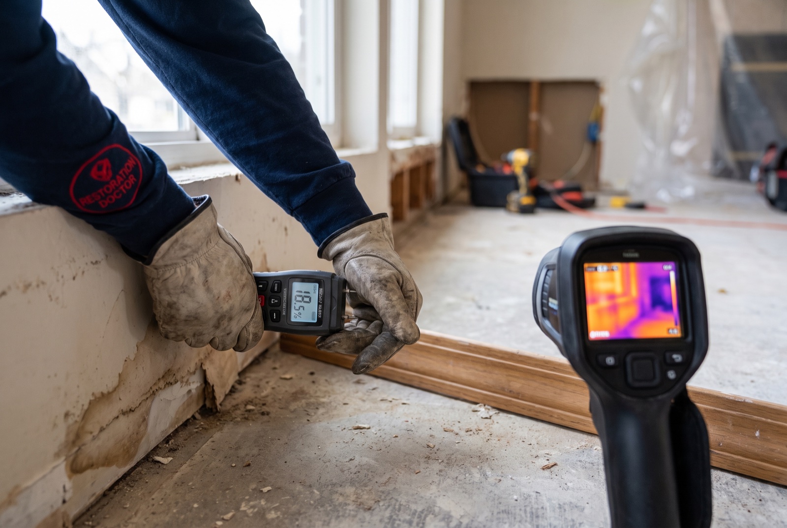 Moisture meter and thermal-imaging inspection of wall base and baseboard — illustrative; mold remediation serving Fort Lauderdale