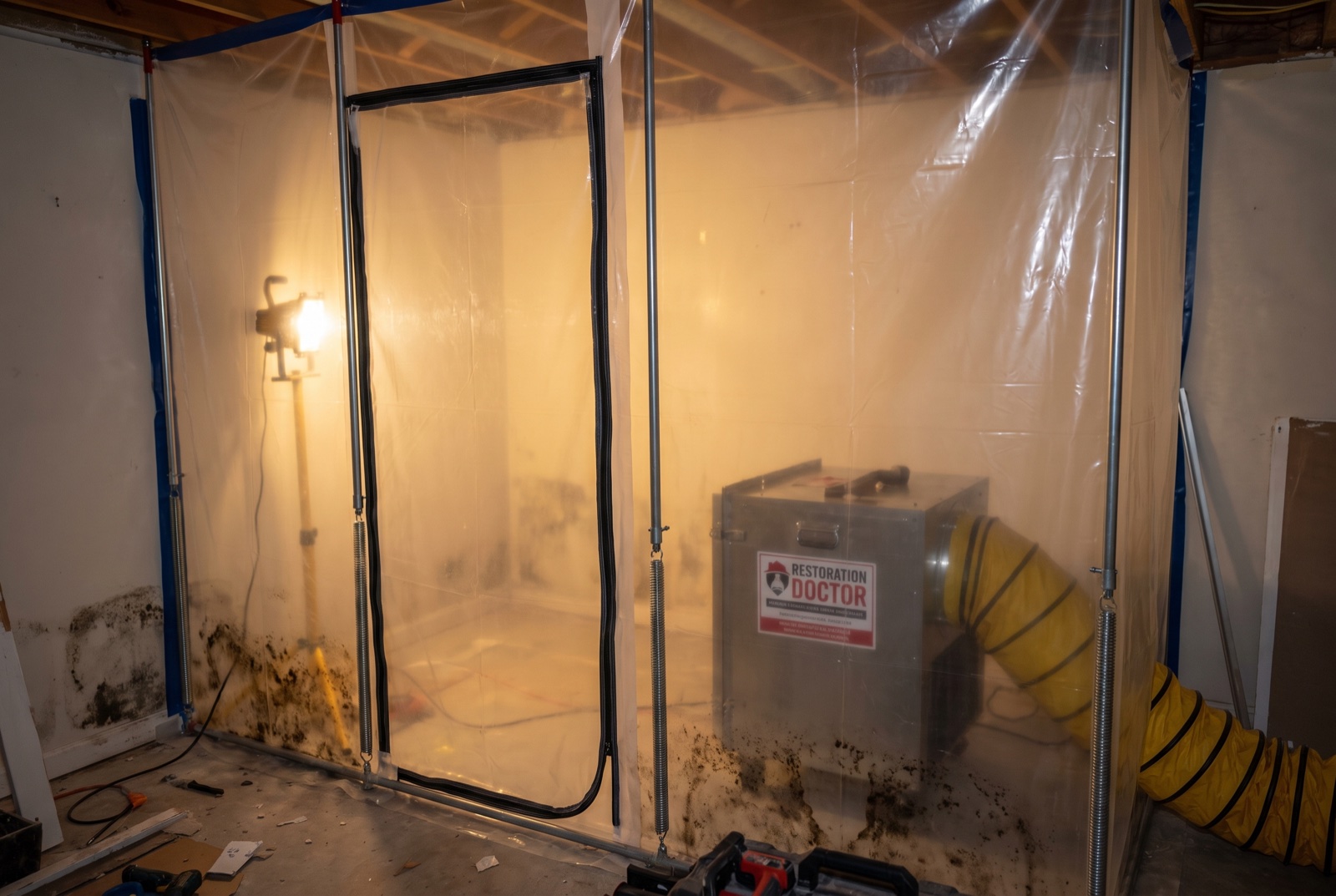 Poly containment under negative air pressure set for mold remediation in a Fort Lauderdale home