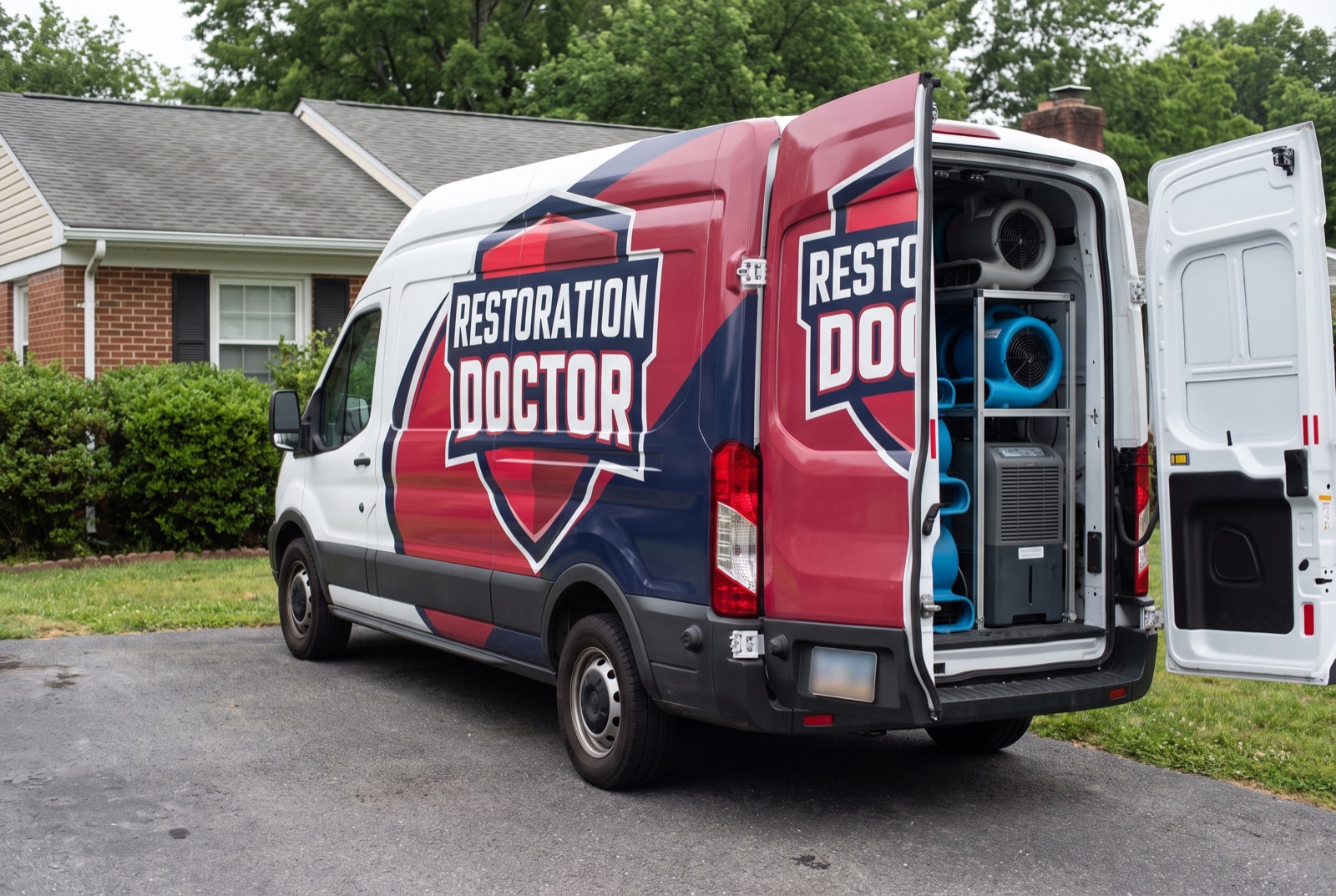 Restoration Doctor-branded response van loaded with drying equipment — illustrative; contents restoration & pack-out serving Fort Lauderdale