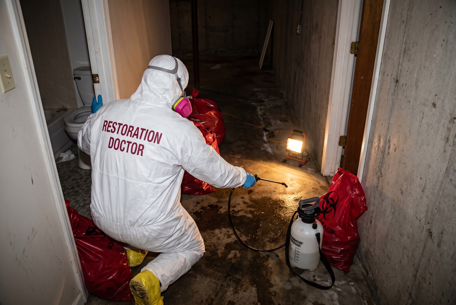 Technician in full PPE performing Category 3 sewage cleanup in a Fort Lauderdale home