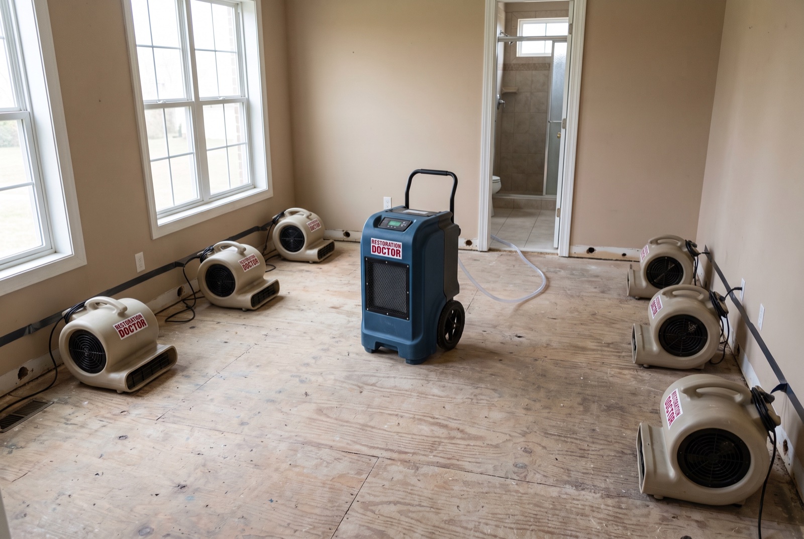 Structural drying equipment layout with air movers positioned along flood-cut walls — illustrative; storm & hurricane damage restoration serving Fort Lauderdale