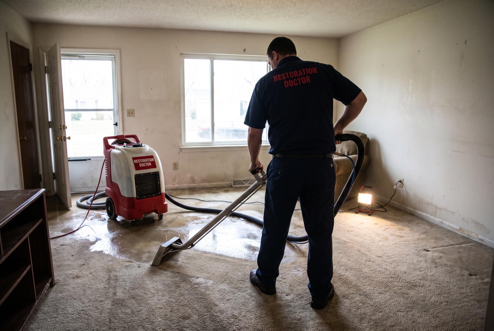 Truck-mounted water extraction on a tile-over-slab floor in a Fort Lauderdale home