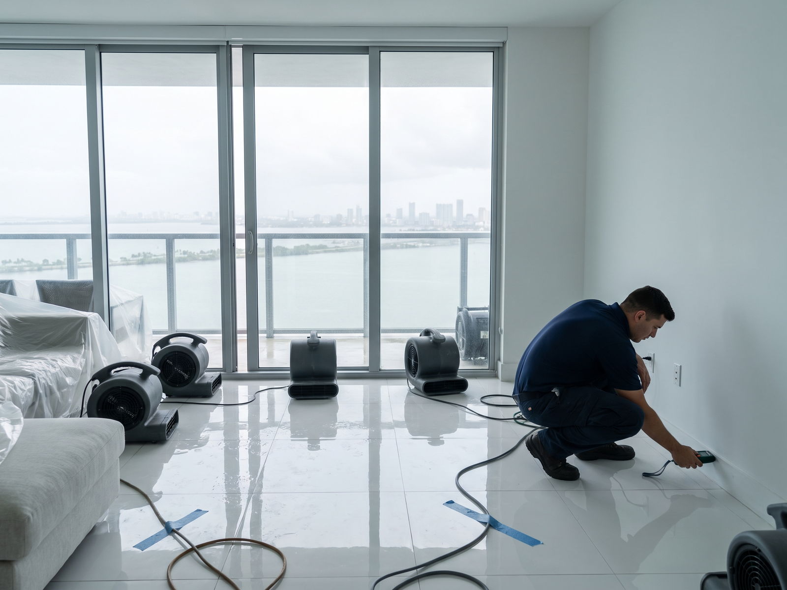 Restoration Doctor technician drying a wet tile floor with air movers in a high-rise Fort Lauderdale condo overlooking the Intracoastal Waterway