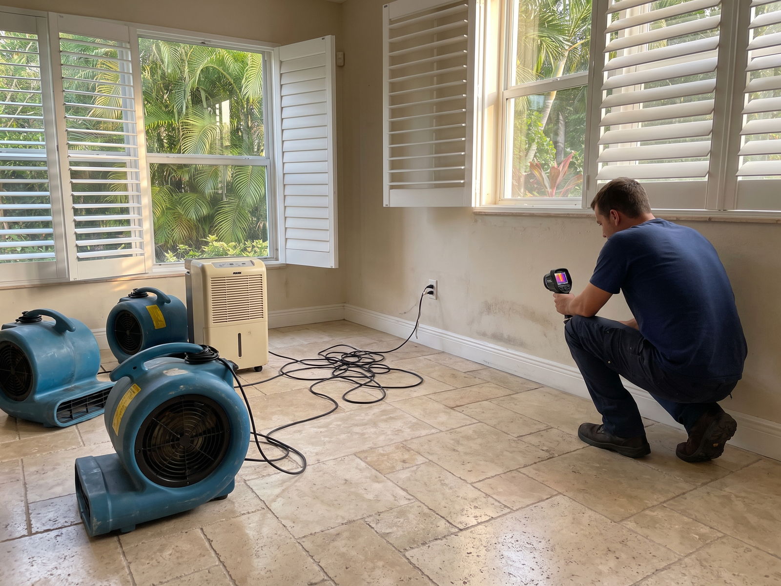 Restoration Doctor technician thermal-imaging a water-stained wall beside air movers and a dehumidifier on travertine flooring in a Fort Lauderdale home with plantation shutters