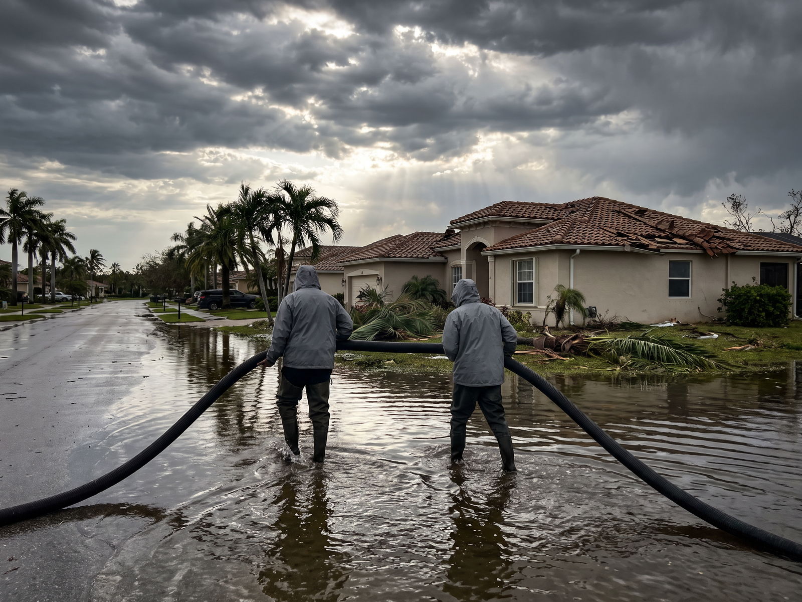 Restoration Doctor technicians in waders running extraction hose down a flooded Fort Lauderdale street after a hurricane, past a home with a storm-damaged barrel-tile roof