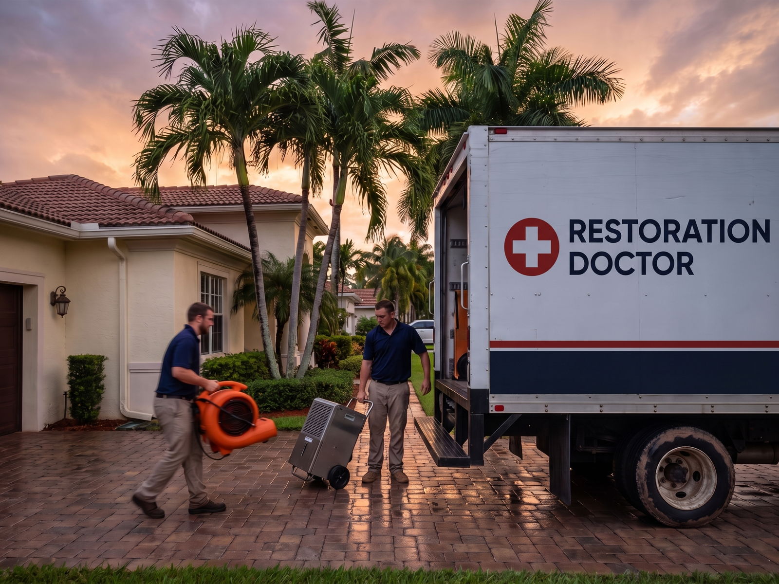 Restoration Doctor technicians unloading air movers and a dehumidifier from a branded box truck in the paver driveway of a Fort Lauderdale home at dusk