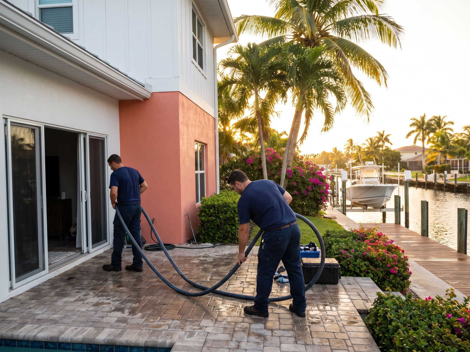 Restoration Doctor technicians extracting water at a canal-front Fort Lauderdale home with a dock and boat behind them